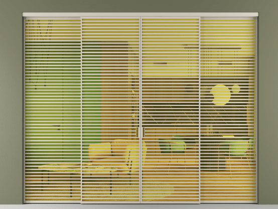 Алюминевая перегородка АЛПР 040.07_АСБЖ_ПРОЗ ЖЕЛ_new. Цвет Алюминий светло-бежевый. Материал Алюминий в эмали. Коллекция Перегородка Formato внутри проёма 4 створки. Картинка.