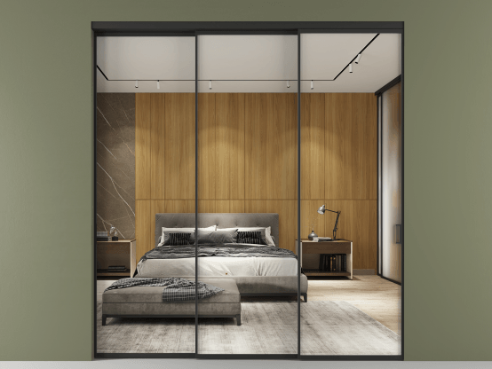 Алюминевая перегородка vn3_01 Зеркало триплекс ЧЕР. Цвет Алюминий Черный. Материал Алюминий. Коллекция Перегородка Формато внутри проёма 3 створки с синхронным механизмом. Картинка.