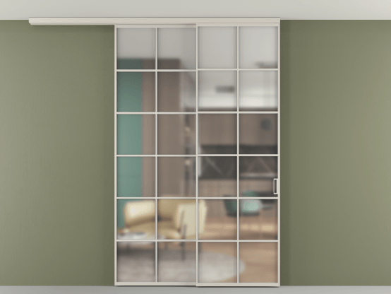 Алюминевая перегородка АЛПР 040.05_АОС_Matelux Crystalvision_new. Цвет Алюминий облачно-серый. Материал Алюминий в эмали. Коллекция Перегородка Formato вдоль стены на потолок 2 створки с синхронным механизмом. Картинка.