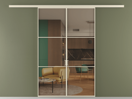 Алюминевая перегородка vd2_03_ Алюминий бежево-серый Бронза прозрачное. Цвет Алюминий бежево-серый. Материал Алюминий в эмали. Коллекция Перегородка Formato вдоль стены 2 створки. Картинка.