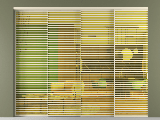 Алюминевая перегородка vn4_07_ Алюминий бежево-серый Прозрачное жёлтое стекло, триплекс, 6мм. Цвет Алюминий бежево-серый. Материал Алюминий в эмали. Коллекция Перегородка Formato внутри проёма 4 створки с синхронным механизмом. Картинка.