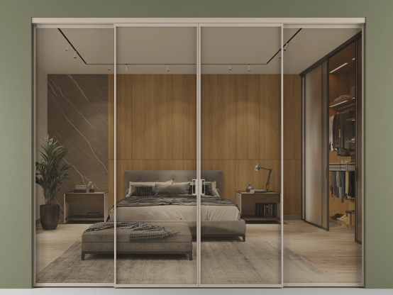 Алюминевая перегородка АЛПР 040.01_АБСК_Stopsol Bronze_new. Цвет Алюминий бисквитный. Материал Алюминий в эмали. Коллекция Перегородка Формато внутри проёма 4 створки. Картинка.