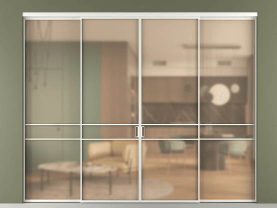 Алюминевая перегородка vn2+2_02_ Алюминий светло-серый Сатинированное оранжевое стекло, триплекс, 6мм. Цвет Алюминий светло-серый. Материал Алюминий в эмали. Коллекция Перегородка Formato внутри проёма 4 створки. Картинка.