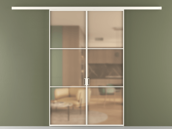 Алюминевая перегородка vd2_03_ Алюминий пудровый белый Сатинированное оранжевое стекло, триплекс, 6мм. Цвет Алюминий пудровый белый. Материал Алюминий в эмали. Коллекция Перегородка Formato вдоль стены 2 створки. Картинка.